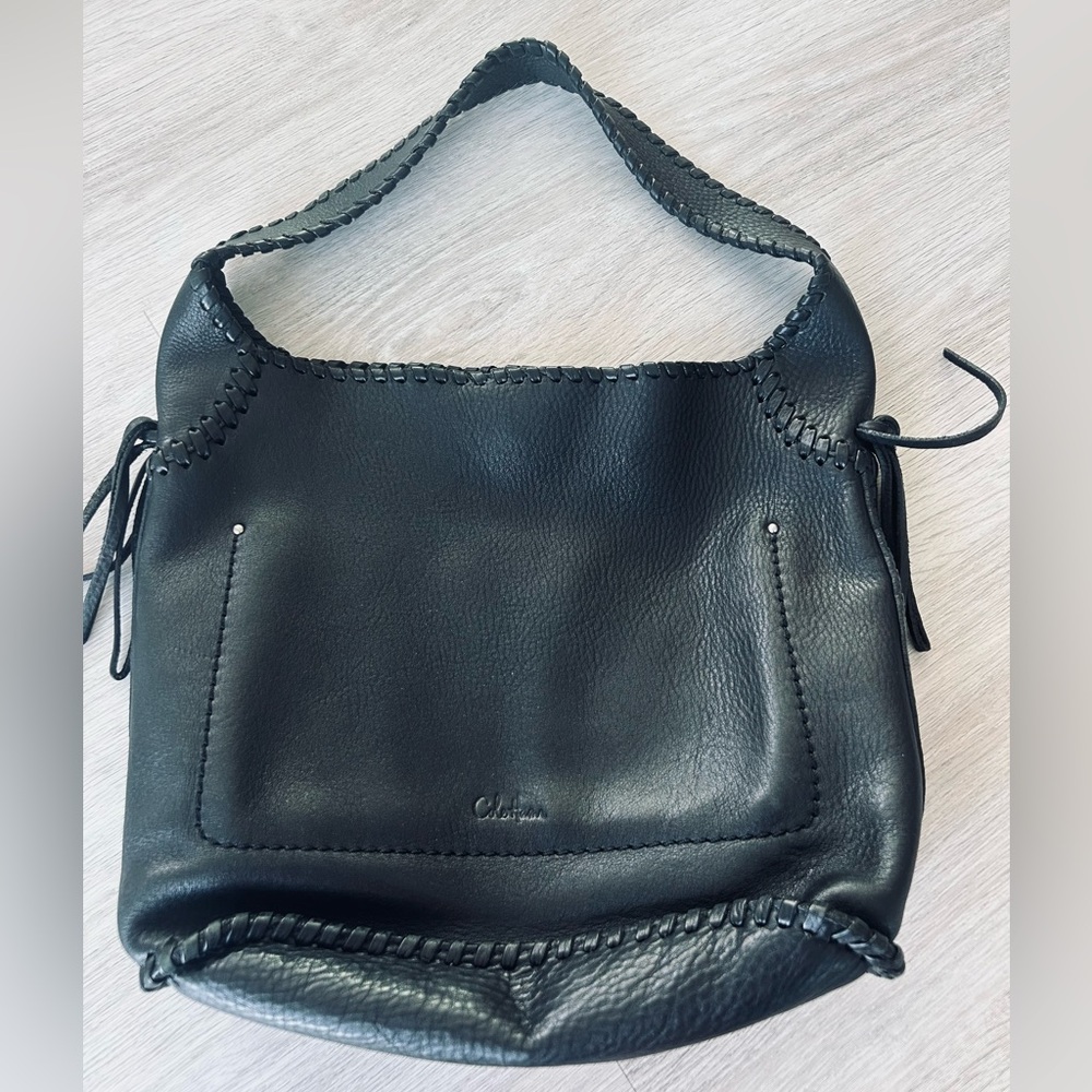 Cole Haan Leather Shoulder Bag Womens Black Tassel Pouch Boho Minimalist
